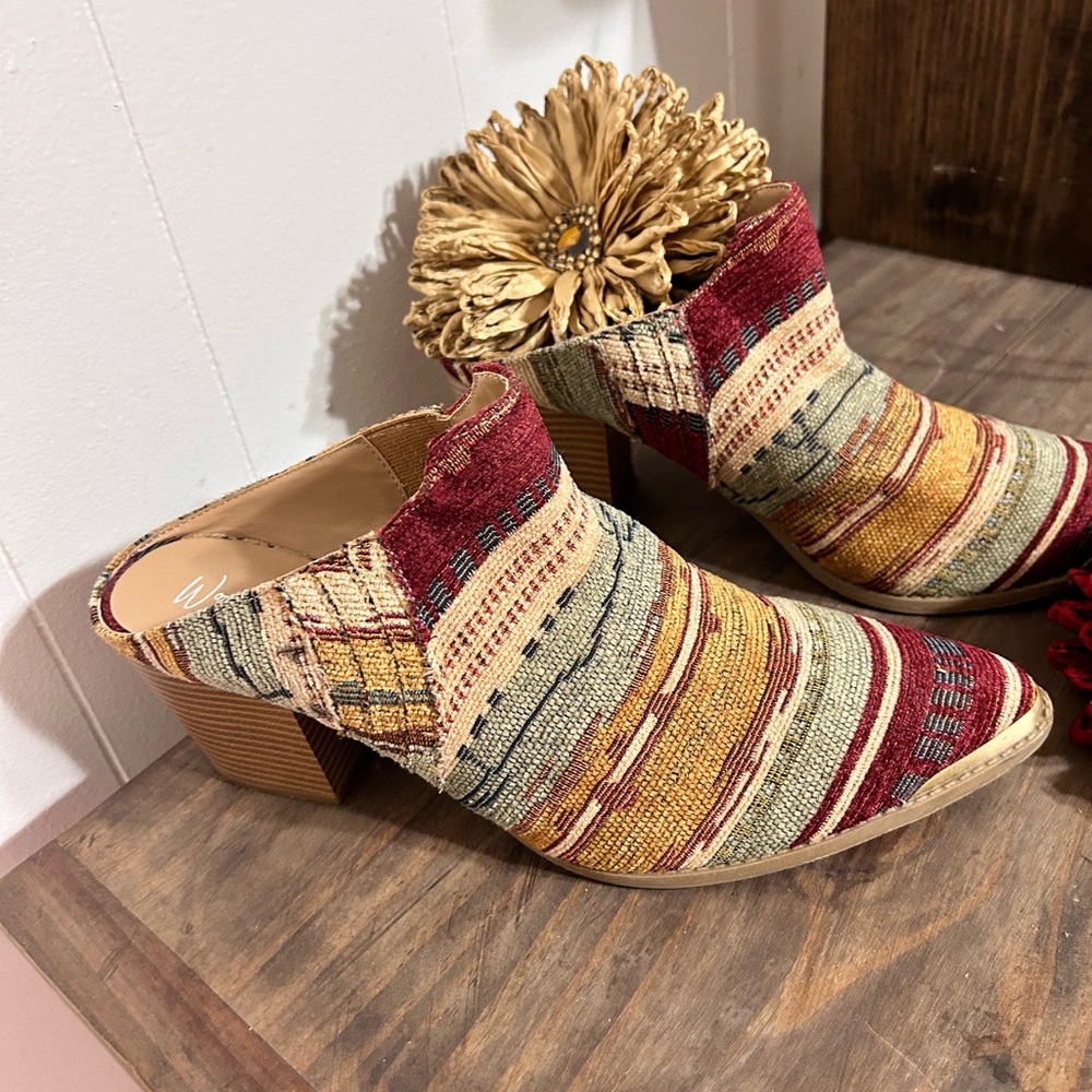 Wonderly Multicolor Striped Tapestry Fabric Mule Clogs - Red, Yellow, Tan